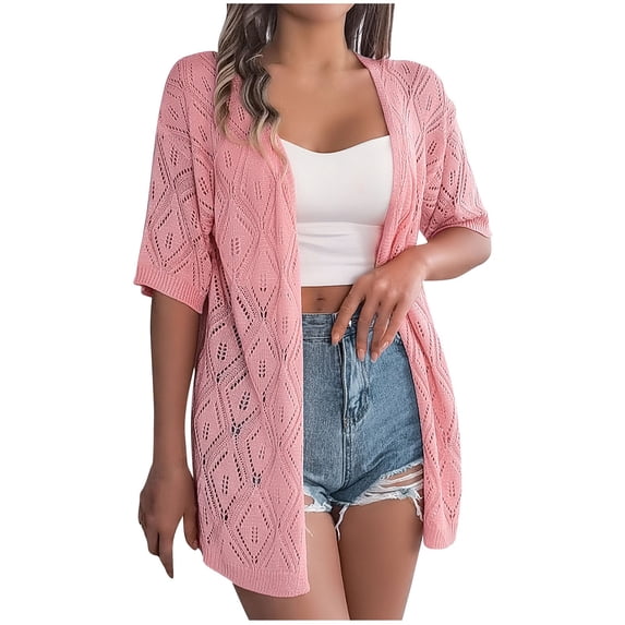 Crochet Cardigan for Women Summer Short Sleeve Lightweight Beach Cover Ups Open Front Knit Tops