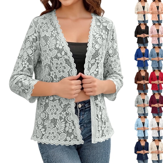 Crochet Cardigans for Women Lightweight 3/4 Sleeve Open Front Bolero Shrug Summer Dressy Casual Lace Cardigan Sweater (XL,Light Gray)