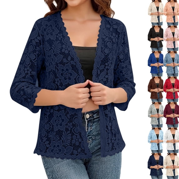 Crochet Cardigans for Women Lightweight 3/4 Sleeve Open Front Bolero Shrug Summer Dressy Casual Lace Cardigan Sweater (XL,Navy)