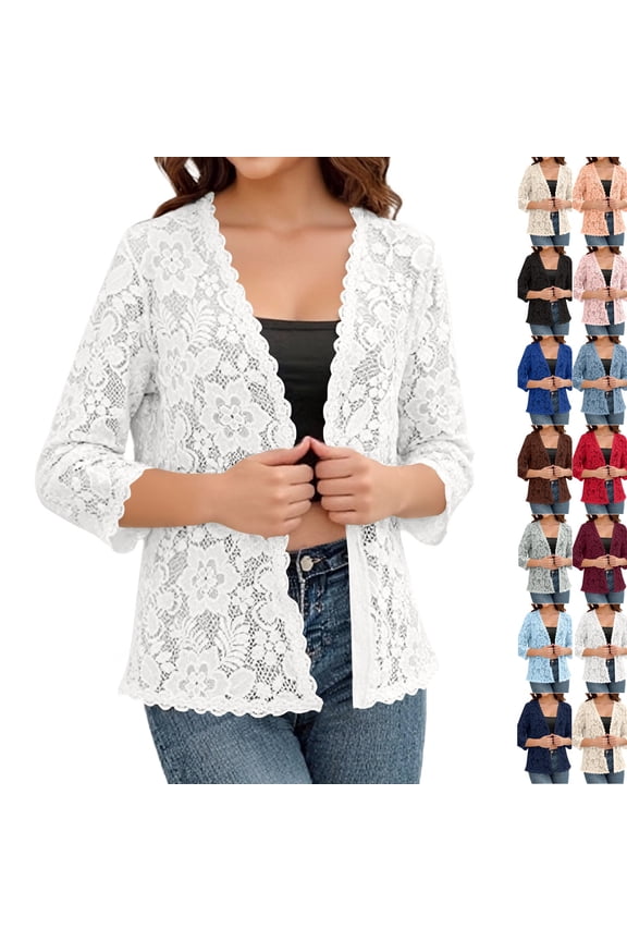Crochet Cardigans for Women Lightweight 3/4 Sleeve Open Front Bolero Shrug Summer Dressy Casual Lace Cardigan Sweater (XL,White)