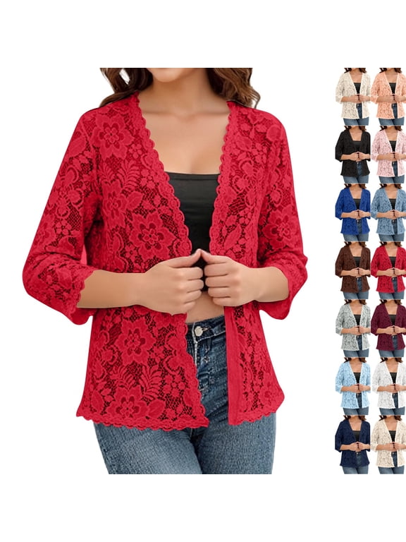 Crochet Cardigans for Women Lightweight 3/4 Sleeve Open Front Bolero Shrug Summer Dressy Casual Lace Cardigan Sweater (XXL,Red)