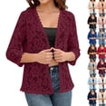 thumbnail image 1 of Crochet Cardigans for Women Lightweight 3/4 Sleeve Open Front Bolero Shrug Summer Dressy Casual Lace Cardigan Sweater (XXL,Wine), 1 of 5