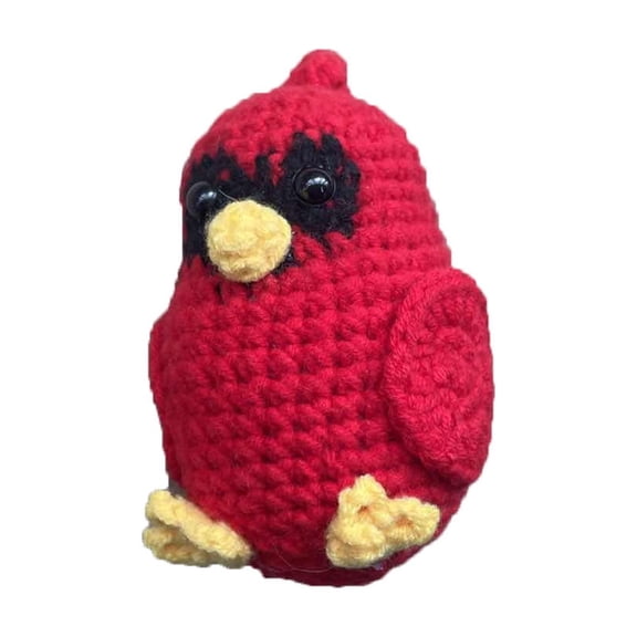 Crochet Cardinal Plush Figure with Emotional Support Card Handmade Yarn Bird Desk Shelf Decor Soft Stuffed Ornament