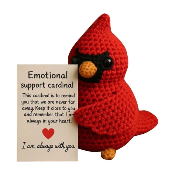 Crochet Cardinal Plush Figure with Emotional Support Card Handmade Yarn Bird Desk Shelf Decor Soft Stuffed Ornament