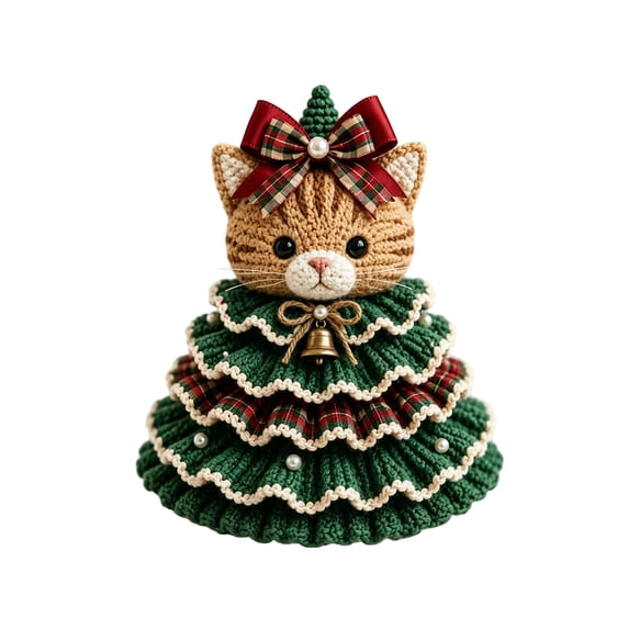 Crochet Cat Christmas Tree with Bow and Bell, Festive Amigurumi Decor for Home Holiday Party, Unique Gift 1 Set