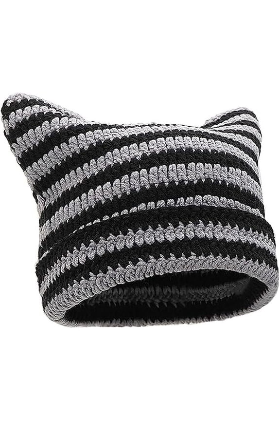 Crochet Cat Ear Beanie for Women - Slouchy Knit Hat Soft Grunge Style, Winter Warm Yarn Hat for Casual Outfit, Cute Animal Ear Beanie(Black,1Pcs, B)