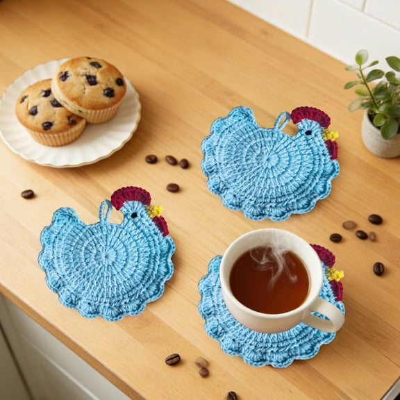 Crochet Chicken Coaster,Handmade Cotton Coaster,Tea Accessory Coaster,Heat Resistant Coaster,Decorative Table Coaster,Washable Reusable Coaster,Cute Kitchen Coaster,Multi Purpose Coaster