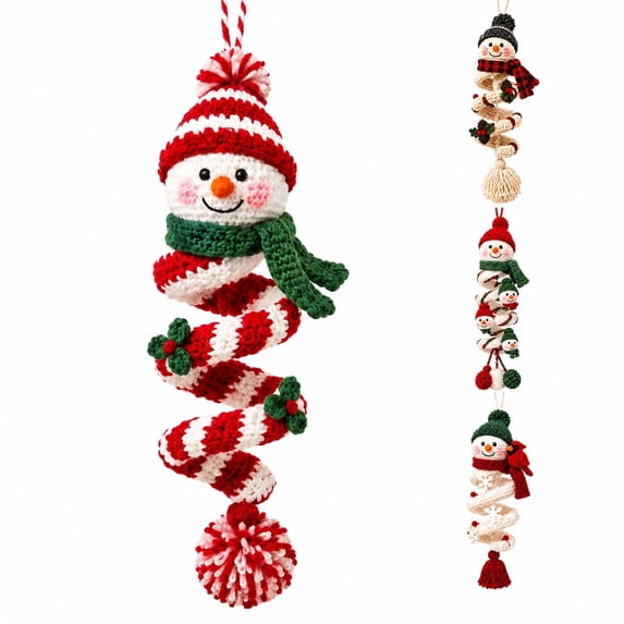 Crochet Christmas Tree Decorations with Spiral Yarn Design and Snowman Accent, Handcrafted Winter Decorations for Home Holiday Display and Cozy Room Styling, Festive Christmas