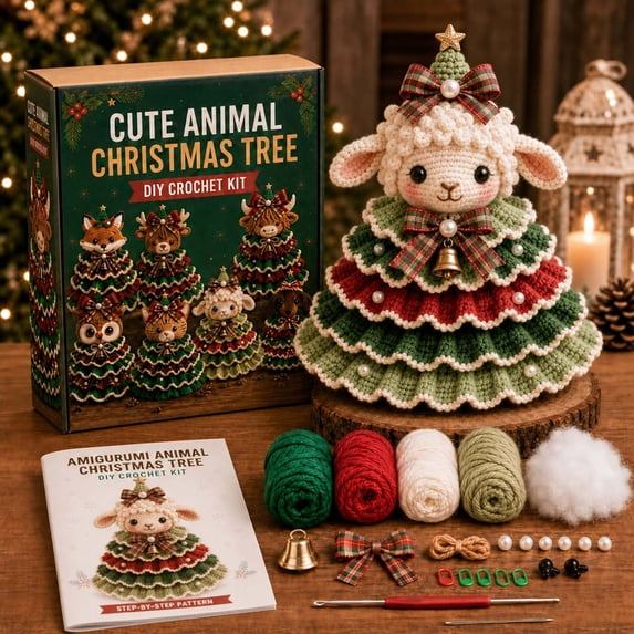 Crochet Christmas Tree Kit DIY Holiday Craft Set, with Knitted Cotton Yarn for Tabletop Shelf Mantel Festive Home Decor Gift, Christmas Gifts for Family and Friends(Goat)