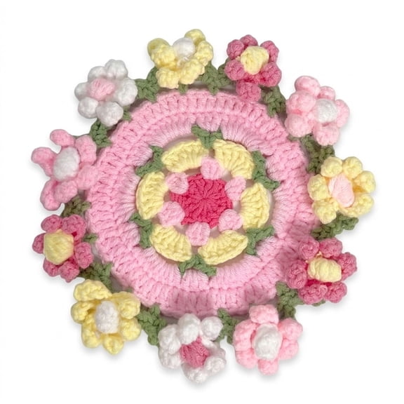 Crochet Coasters 1 Pc Pink, Handmade Yarn Bouquet Coaster with Coffee Table Decor,Crochet Plant Pot Fun Soft Decorative Drink Coasters