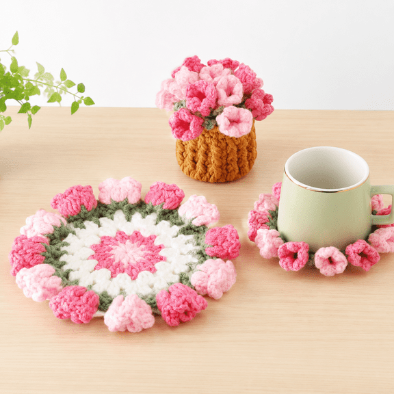 Crochet Coasters, Cute Pink Coasters, Unique Crochet Flower Bouquet Coasters, Soft Decorative Drink Coasters, Desk Decor for Women for Coffee Tabletop Protection & Home Decor