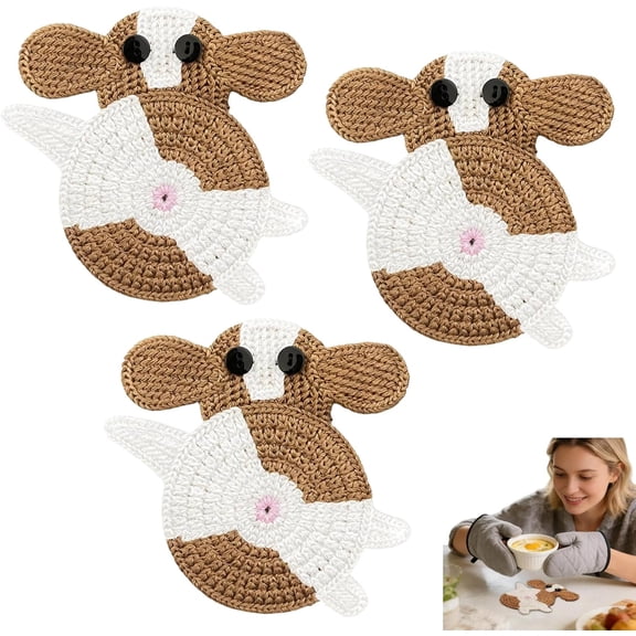 Crochet Coasters Set, Lovely Creature Themed Drink Protectors, Soft Fabric Kitchen Decor & Housewarming Gift for Dining Coffee Table(RL Khaki 3 PCS)