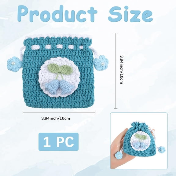 Crochet Coin Bag Blue Handmade Knitting Crochet Purse Cartoon Bell Flowers Storage Drawstring Small Wallets Pouch Purses Handbag Knitting Change Wallet for Change Headphone Jewelry Women
