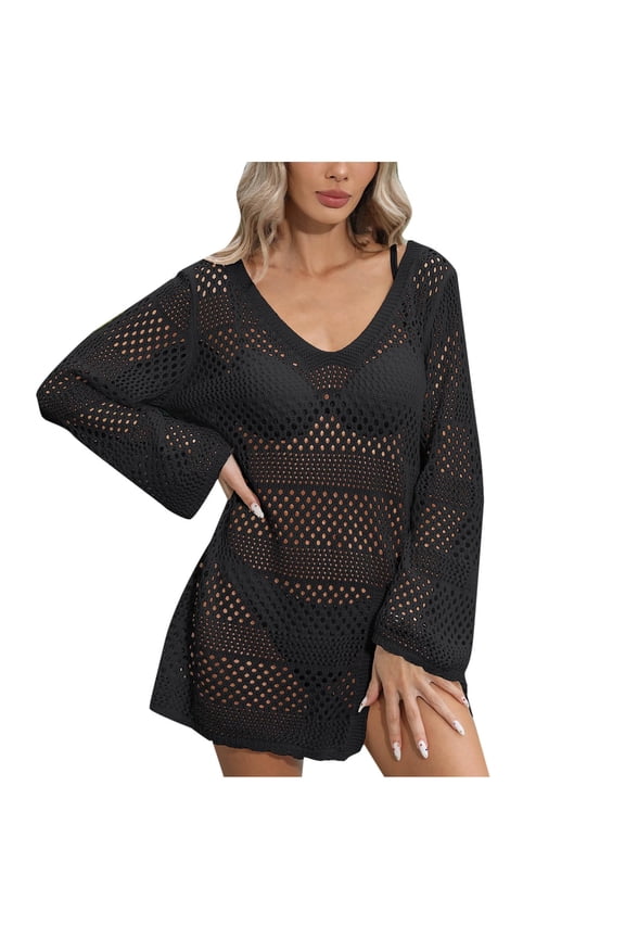 Crochet Cover Up for Women Swimsuit Summer Bathing Suit 2024 Swim Hollow Out Bikini Swimwear Mesh Knit Beach Dress Black Free Size