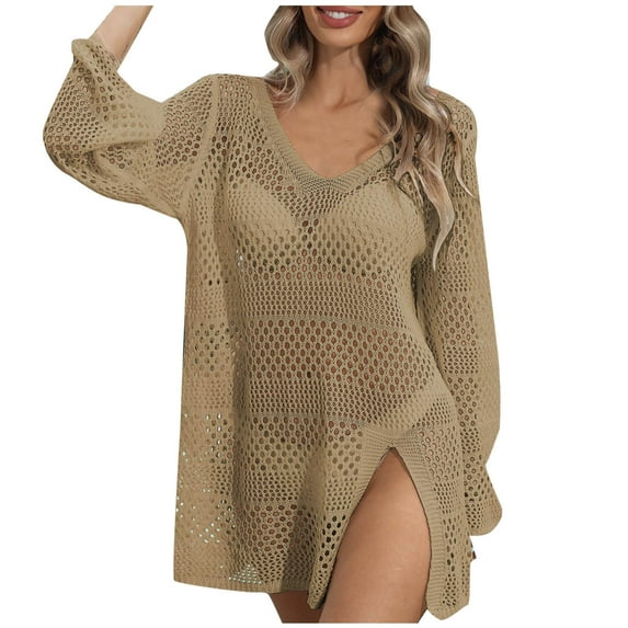 Crochet Cover Up for Women Swimsuit Summer Bathing Suit 2024 Swim Hollow Out Bikini Swimwear Mesh Knit Beach Dress Khaki Free Size