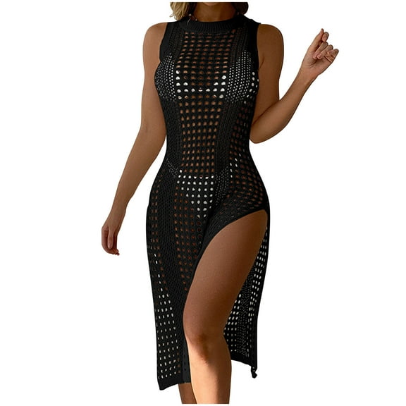 Crochet Cover Ups for Women Hollow Out Sleeveless Side Slit Bikini Swimsuit Swimwear Beach Dresses for Women