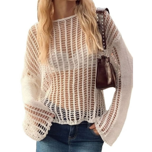 Crochet Cover Ups for Women Hollow Out Swim Cover Up Knit Summer Outfits White XL