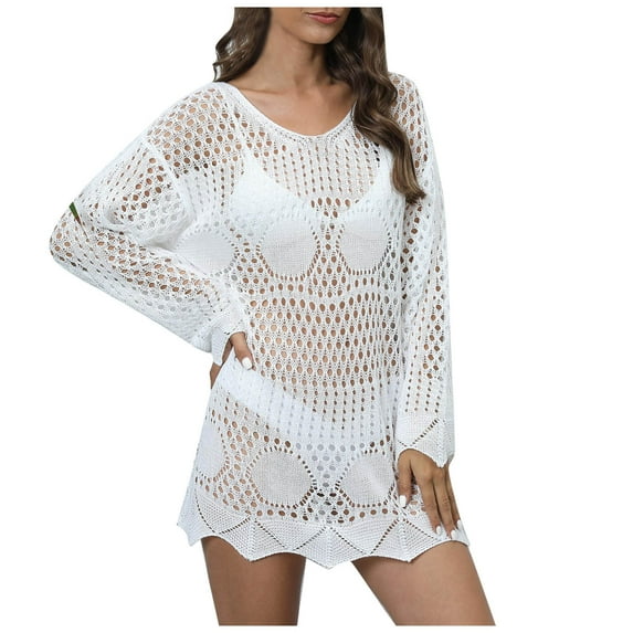 Crochet Coverups for Women, Womens Trim Kaftan Chiffon Swimwear Vintage Beach Hollow Out Long Sleeve Knit Bathing Suit Bikini Cover Up Crop Tops Summer