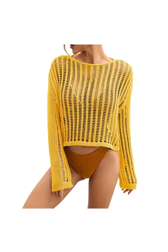 Crochet Coverups for Women, Womens Trim Kaftan Mesh Lace Swimwear Vintage Beach Hollow Out Long Sleeve Knit Bathing Suit Bikini Cover Up Crop Tops Summer