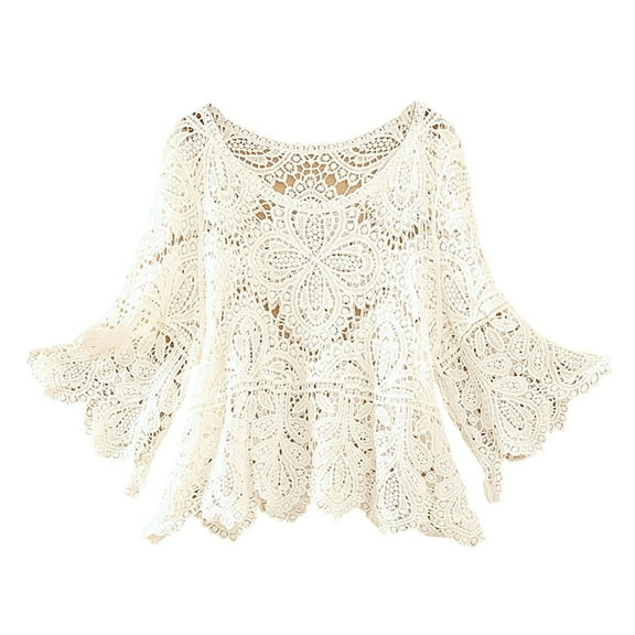 Crochet Coverups for Women, Yigetop Women's 2025 Spring Summer Crochet Hollow Out 3/4 Sleeve Pullover Sweater off Shoulder T-Shirts Crochet Tops for Women White1 M
