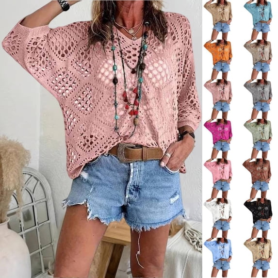 Crochet Coverups for Women 2026 Summer Hollow Out Knit Tops Long Sleeve Boho Beachy Blouses Plus Size Casual Vacation Wear Light pink L