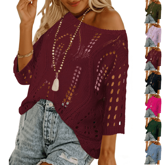 Crochet Coverups for Women Loose Fit Hollow Out Off the Shoulder Top Summer Beach Travel 3/4 Sleeve Swim Cover Up Wine XL