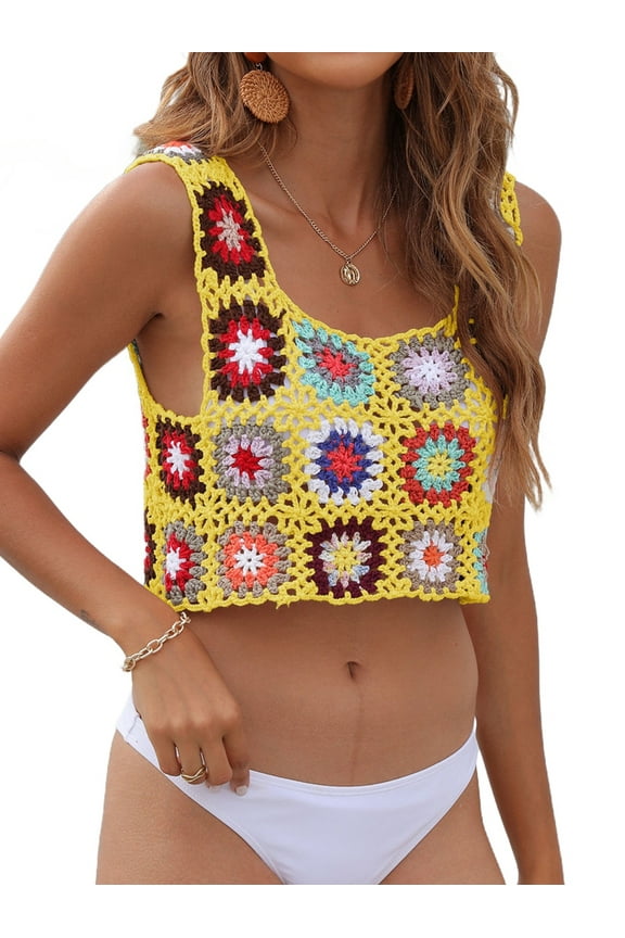 Crochet Crop Top for Women Boho Summer Sleeveless Hollow Out Knit Tanks Tops Y2K Floral Vest Top Yellow One Size
