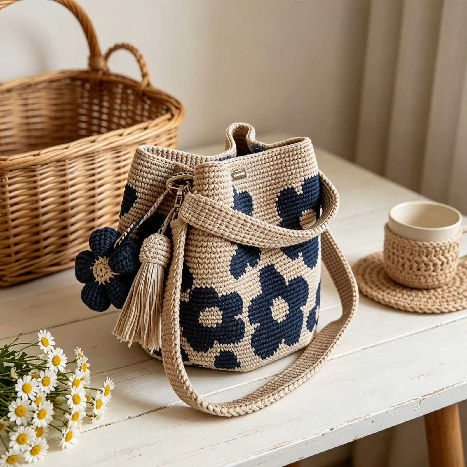 Crochet Crossbody Bag for Women, Boho Flower Shoulder Purse with Detachable Strap, Handmade Straw Mini Handbag for Summer Beach, Casual Everyday Use Gift