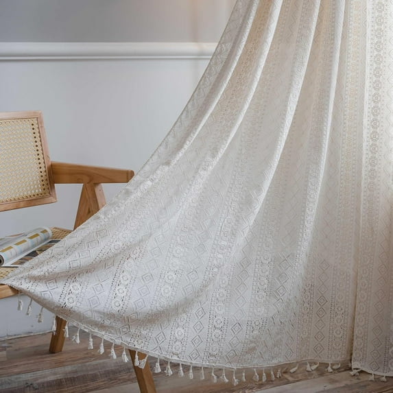 Crochet Curtain Lace Sheer Curtains with Tassels Boho Window Curtains for Living Room Bedroom