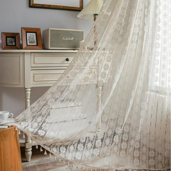 Crochet Curtains with Tassel Boho Curtains Macrame Lace Curtain for Living Room, Rod Pocket Window Drapes for Dining Bedroom