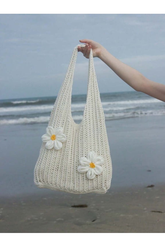 Crochet Daisy Flower Tote Bag - Multicolor Handmade Beach Shoulder Bag