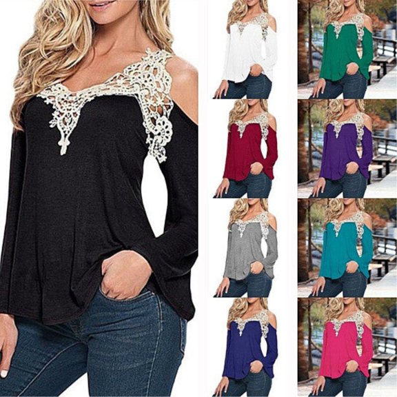 Crochet Detail Cold Shoulder Top S-2X Mult. Colors