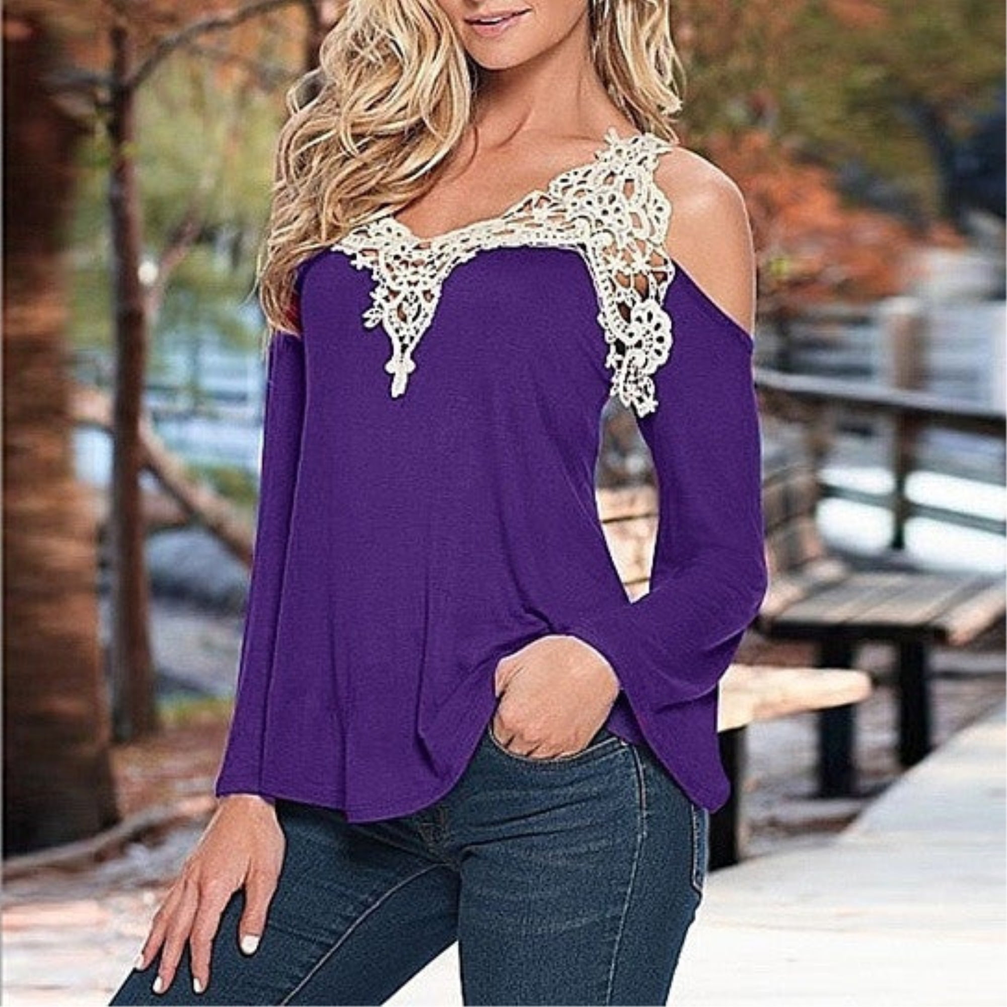 Crochet Detail Cold Shoulder Top S-2X Colors