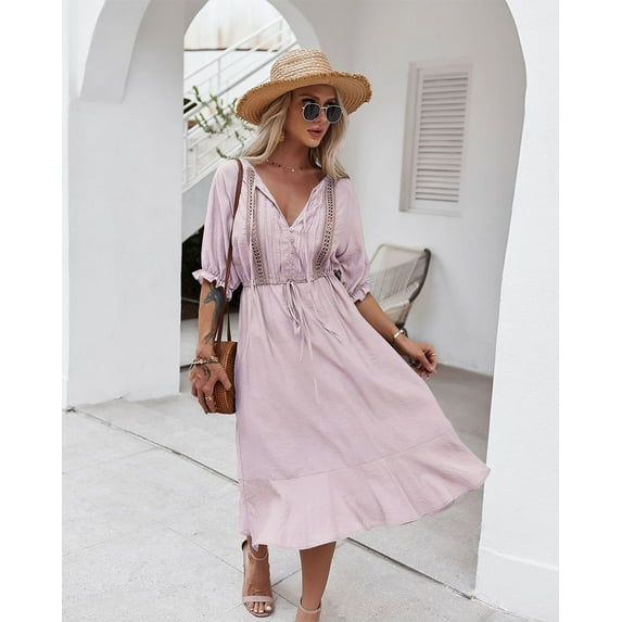 Crochet Detail Tie Neck Button Front Puff Sleeve Dress for Women