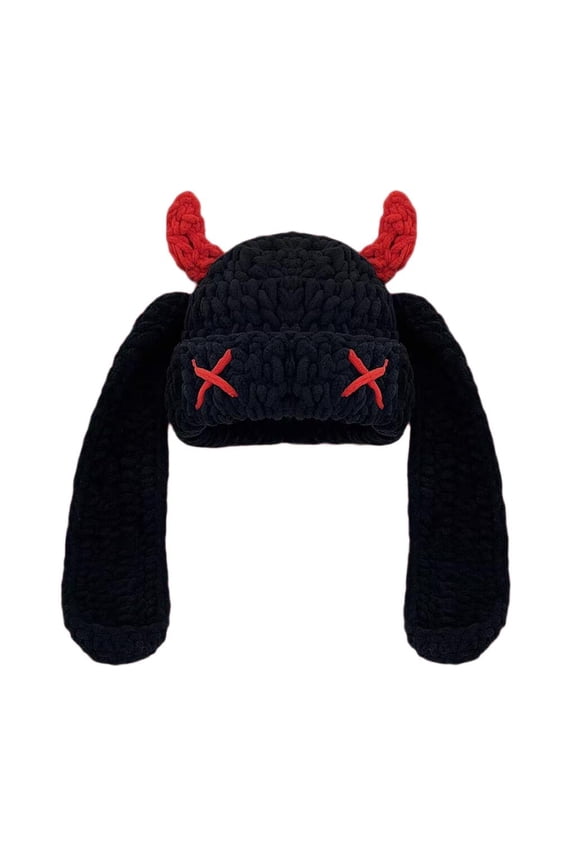 Crochet Devil Horn HatC0sp1ayHeadwear Comfortable Winter Warm Rabbits Ear Hat