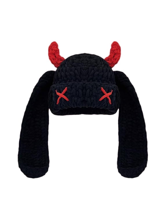 Crochet Devil Horn HatC0sp1ayHeadwear Comfortable Winter Warm Rabbits Ear Hat