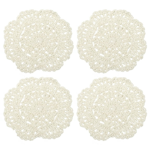 Uxcell 4Pcs Crochet Doilies 3.94" Cotton Woven Fabric Coasters, Round Handmade Coasters with Floral Beige