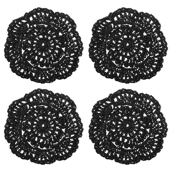 Uxcell 4Pcs Crochet Doilies 3.94" Cotton Woven Fabric Coasters, Round Handmade Coasters with Floral Black