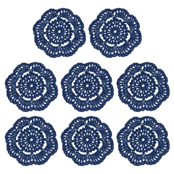 Crochet Doilies, 8Pcs 4" Cotton Woven Fabric Coasters, Lace Round Handmade Coasters with Floral Pattern for Wedding Party Decoration (Dark Blue)