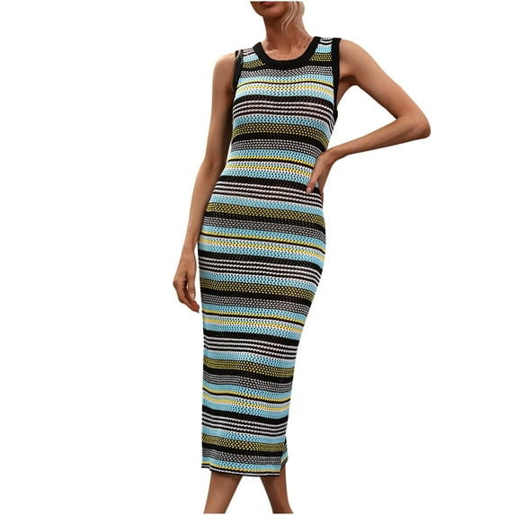 Crochet Dresses for Women Sexy Hollow Out Knitted Beach Bikini Cover Ups Sleeveless Crew Neck Trendy Stripe Printed Slim Fit Cover-Up Tank Midi Dress