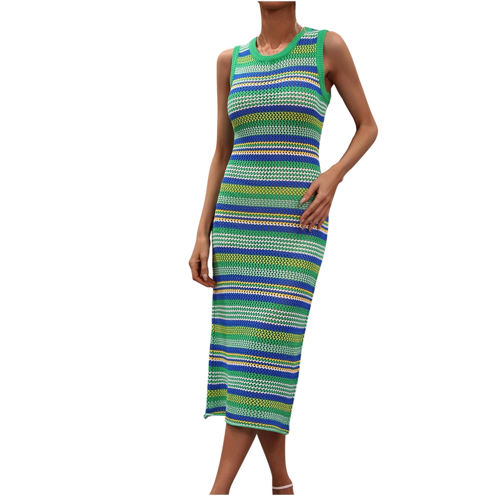 Crochet Dresses for Women Sexy Hollow Out Knitted Beach Bikini Cover Ups Sleeveless Crew Neck Trendy Stripe Printed Slim Fit Cover-Up Tank Midi Dress