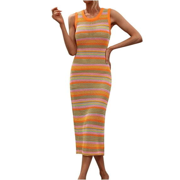 Crochet Dresses for Women Sexy Hollow Out Knitted Beach Bikini Cover Ups Sleeveless Crew Neck Trendy Stripe Printed Slim Fit Cover-Up Tank Midi Dress