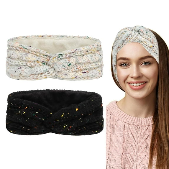 Crochet Ear Warmer Headband, Warm Winter Headbands for Women,Soft knit Turban Stretch Headbands Warmer for Women Winter,Christmas Gifts(White & Black)