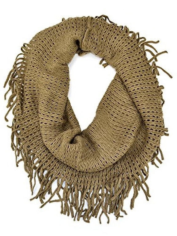 Crochet Fishnet Infinity Loop Scarf with Fringe (Beige)