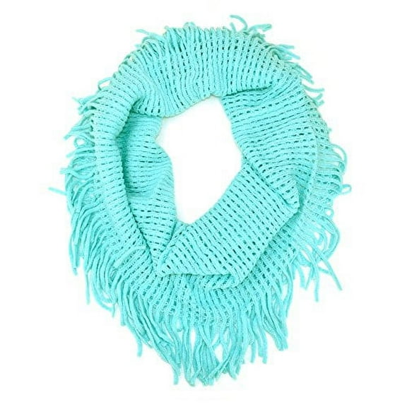Crochet Fishnet Infinity Loop Scarf with Fringe (Mint)