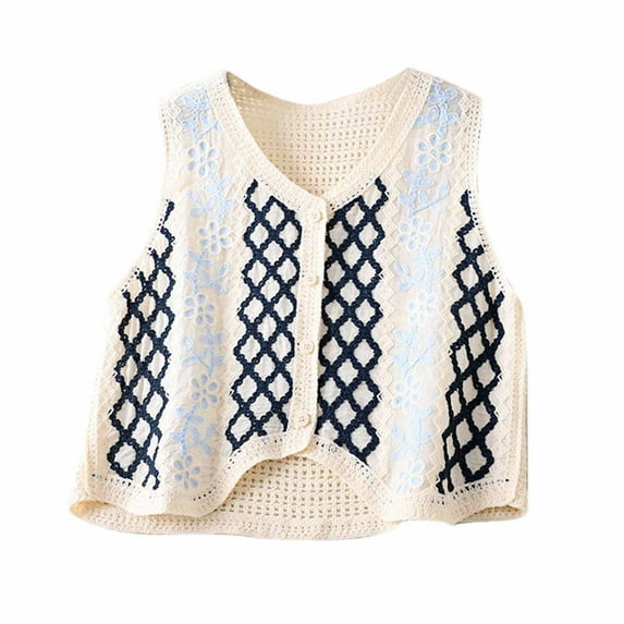 Crochet Floral Sweater Vest for Women Casual V Neck Button Down Cropped Sleeveless Knit Cardigan Vests