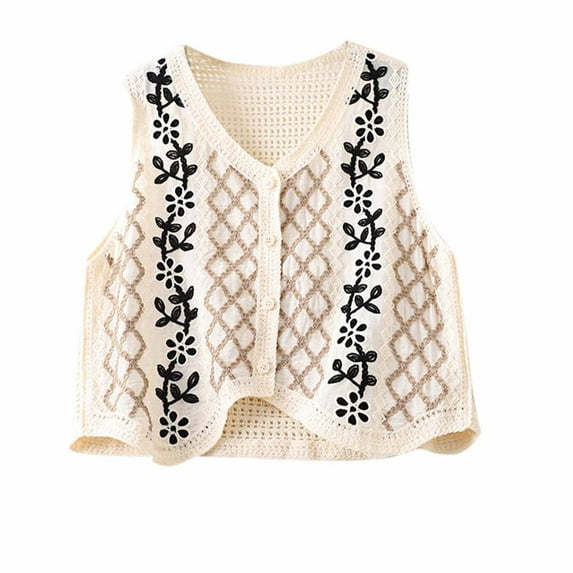 Crochet Floral Sweater Vest for Women Casual V Neck Button Down Cropped Sleeveless Knit Cardigan Vests