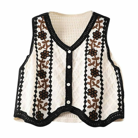 Crochet Floral Sweater Vest for Women Casual V Neck Button Down Cropped Sleeveless Knit Cardigan Vests