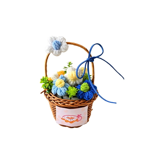 Crochet Flower Basket Handmade Knit Flower Bouquet In Basket Cute Farmhouses Decor for Shelf Table As A Gift for Thanksgiving Day Father'S Day and Teachers' Day