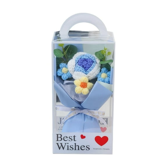 Crochet Flower Bouquet – 3 Flowers Handmade Knitted Bouquet with Roses, Daisies, and Eucalyptus, Perfect for Mother's Day, Valentine's Day, Birthdays, and Home Decor, Blue, Artificial Flowers